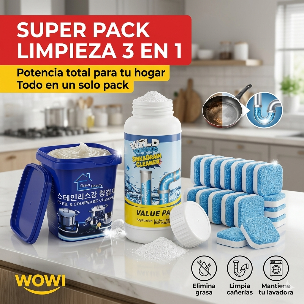 Kit de limpieza profunda 3 en 1 para cañerías ollas y lavadora