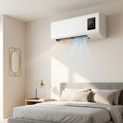 Aire acondicionado split montado en la pared de un dormitorio moderno