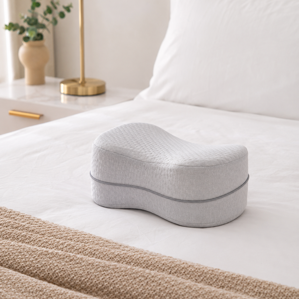 Almohada ergonómica para piernas sobre una cama en un dormitorio luminoso