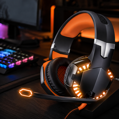 Auriculares gamer negros con luz LED en un setup gamer con teclado RGB