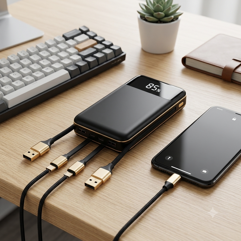 Batería portátil con pantalla digital y cables integrados sobre escritorio