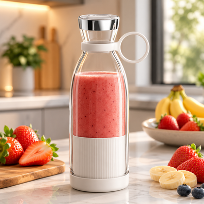 Batidora portátil con un batido de frutas en una cocina moderna