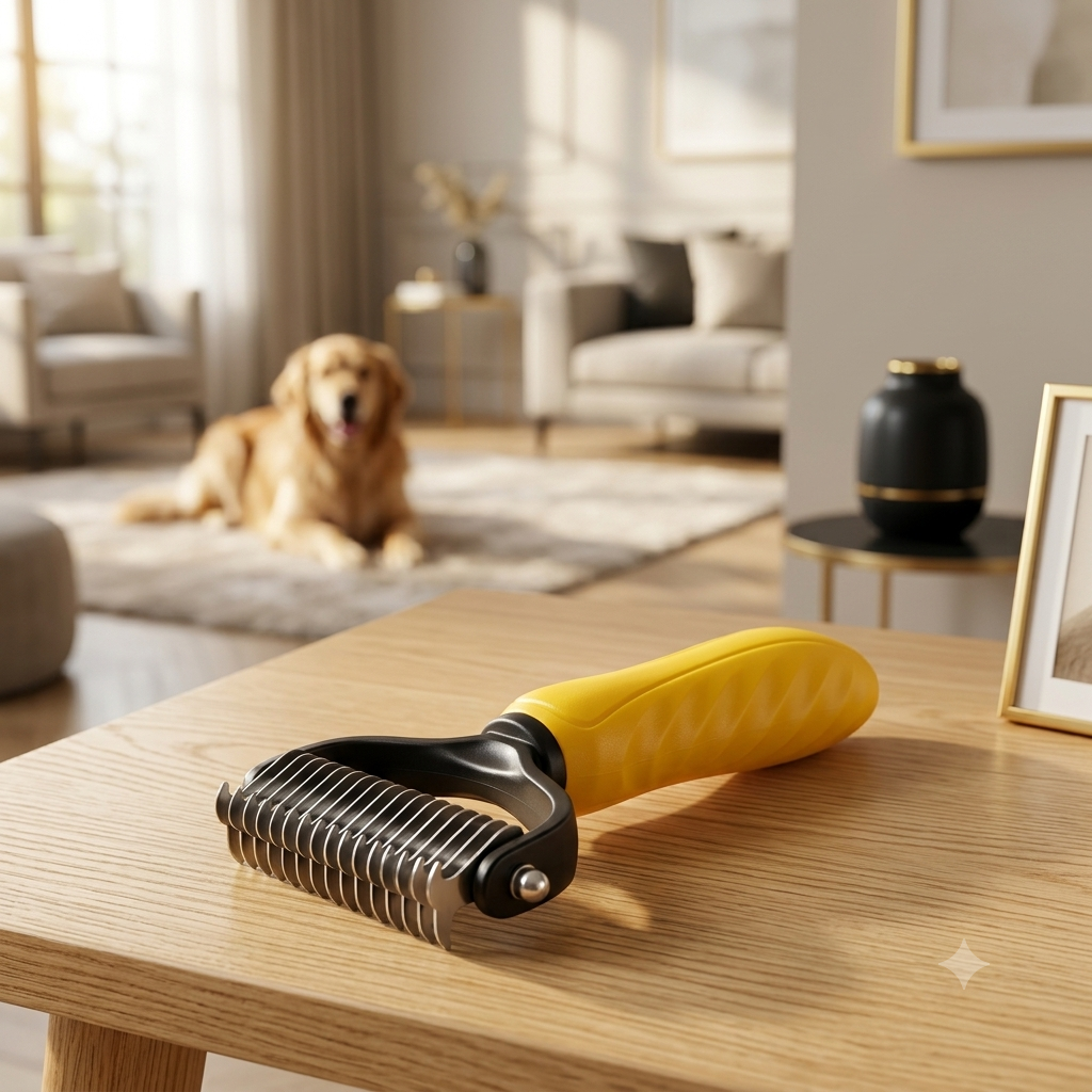 Cepillo quita-nudos para mascotas con mango amarillo sobre mesa de madera