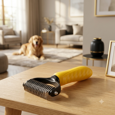 Cepillo quita-nudos para mascotas con mango amarillo sobre mesa de madera