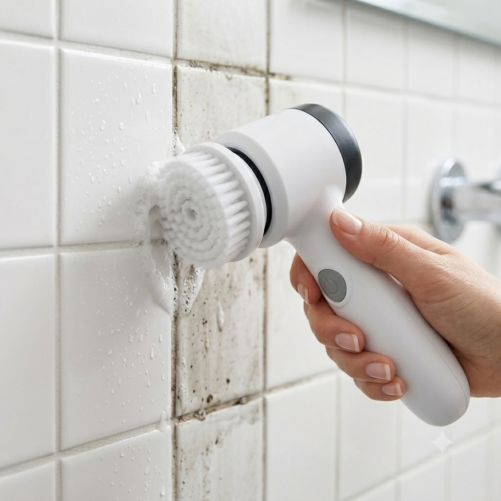 Cepillo eléctrico limpiando junturas de azulejos del baño