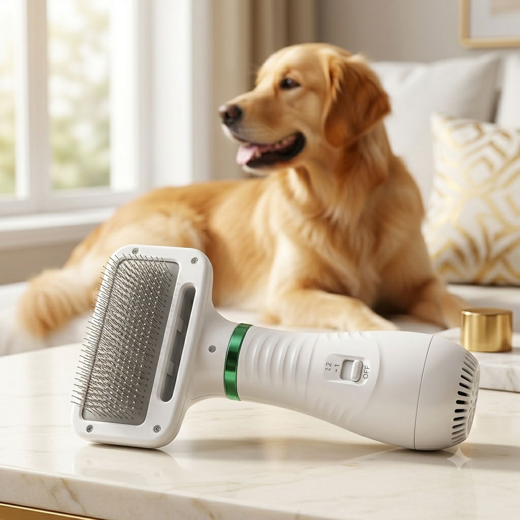 Cepillo secador para mascotas 2 en 1 con cabezal de cepillo y un perro golden retriever