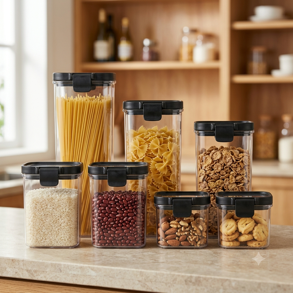 Set de 7 contenedores herméticos transparentes con tapa negra en cocina