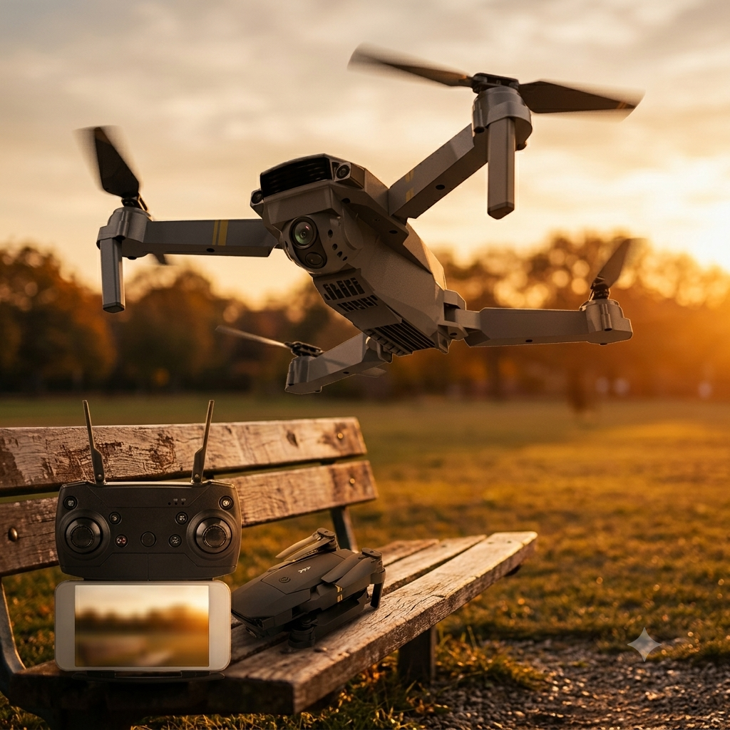 Dron plegable con cámara volando al atardecer