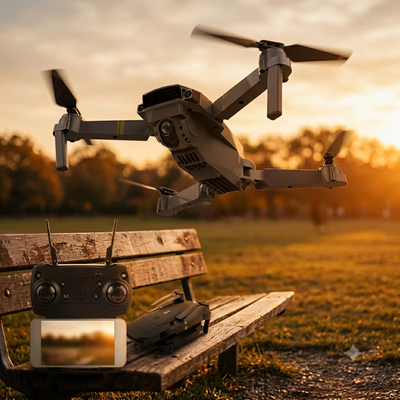 Dron plegable con cámara volando al atardecer