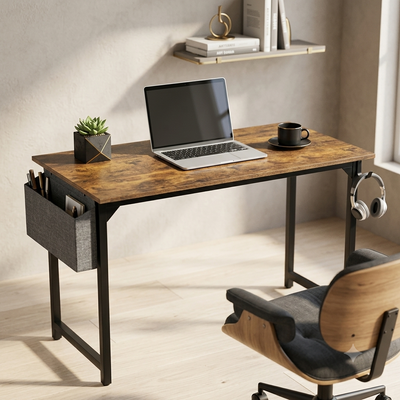 Escritorio con bolsillos y ganchos laterales en un home office moderno