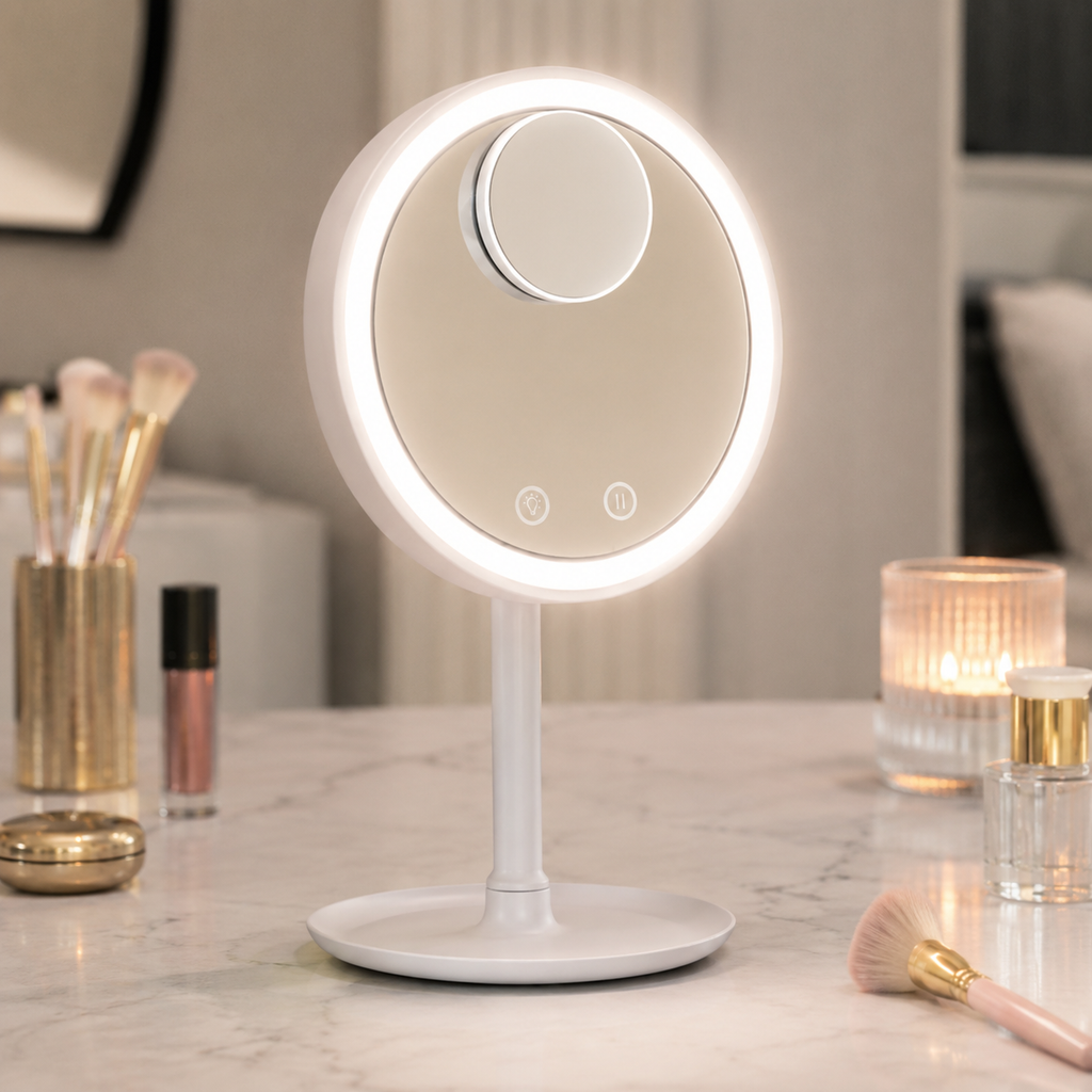 Espejo de maquillaje con luces LED encendido sobre un tocador de mármol