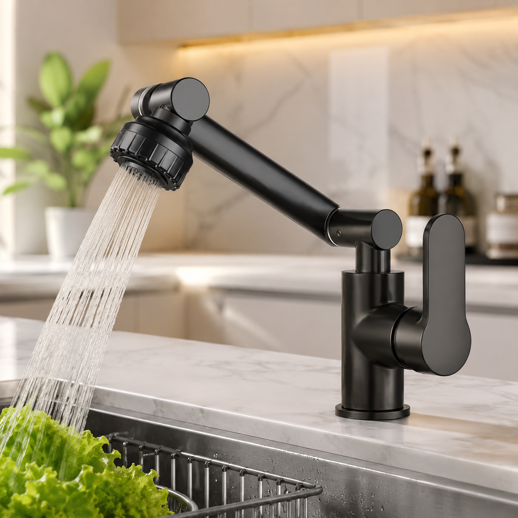 Grifo giratorio negro con agua corriendo en una cocina de mármol