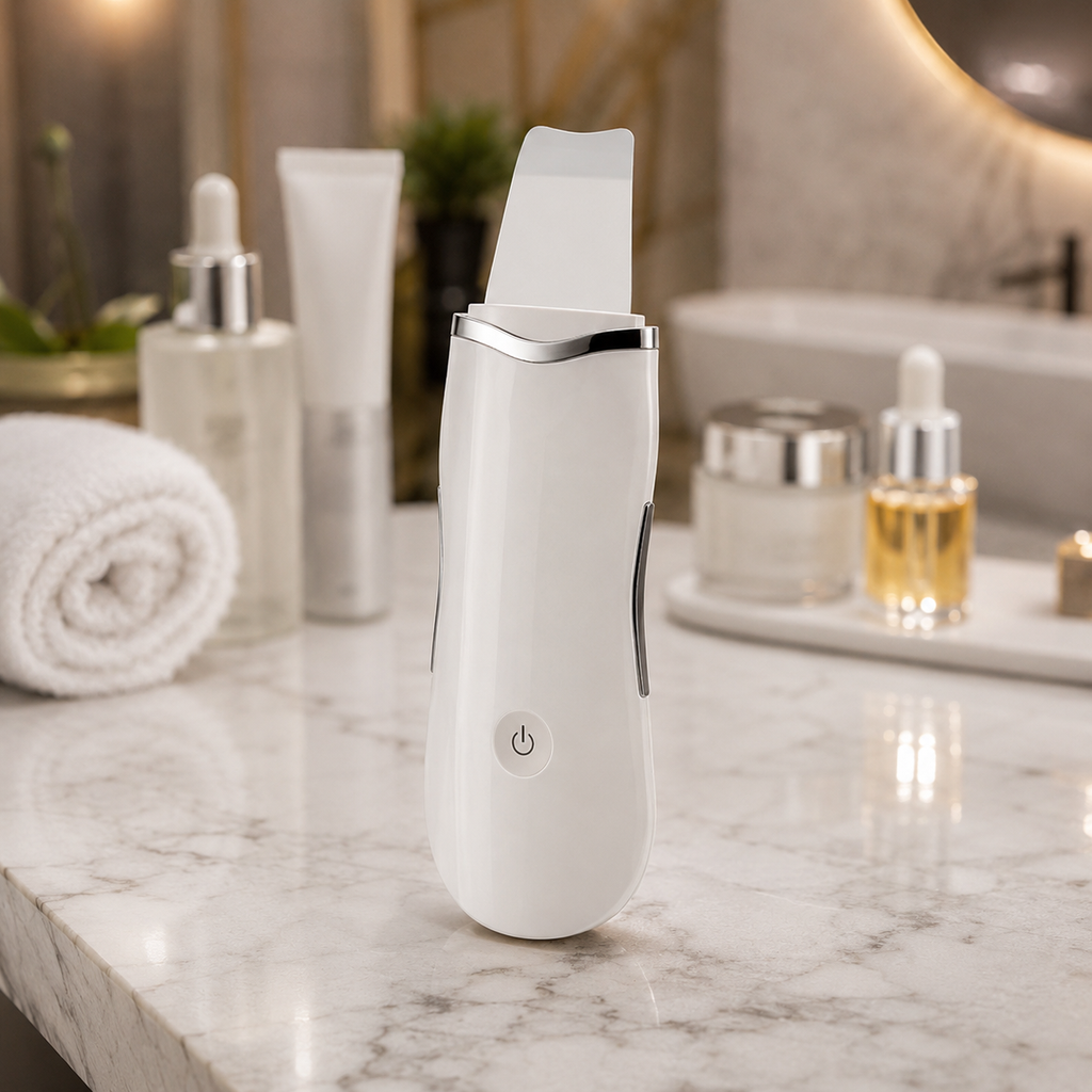 Limpiador facial ultrasónico sobre un tocador de mármol con productos de skincare