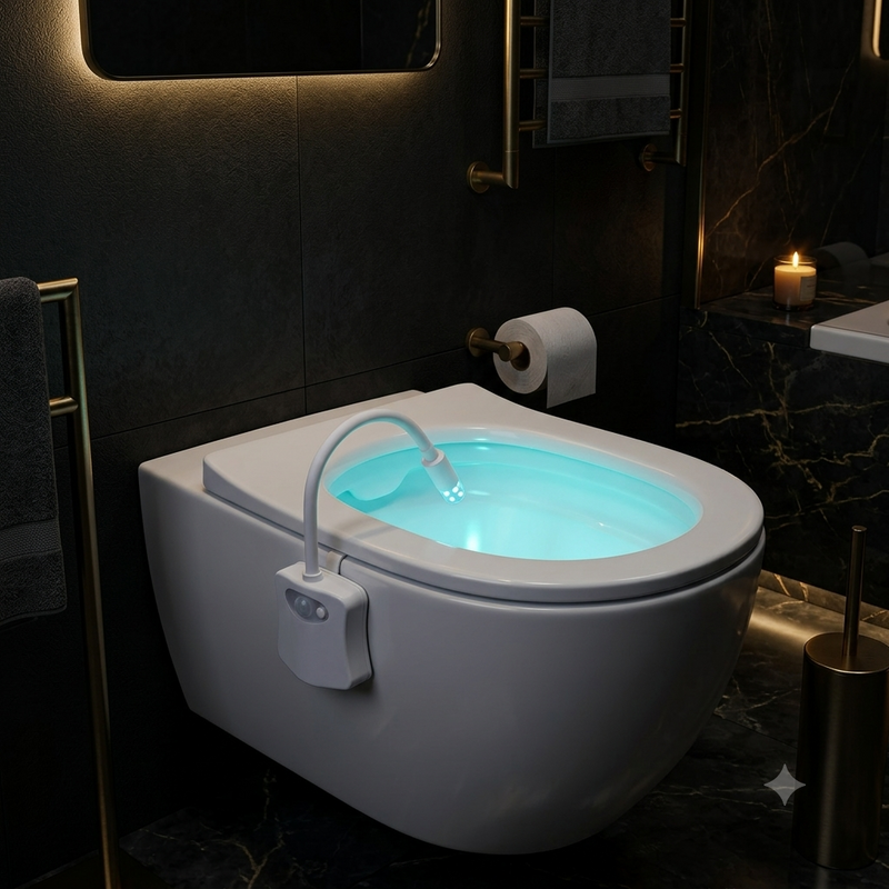 Luz LED con sensor instalada en un inodoro, baño elegante de noche