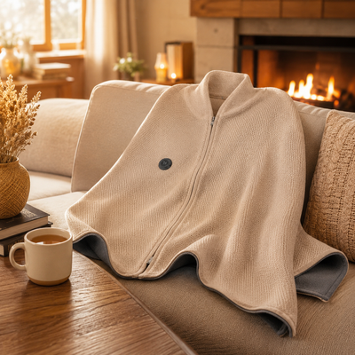 Manta térmica suave sobre un sofá acogedor junto a una chimenea