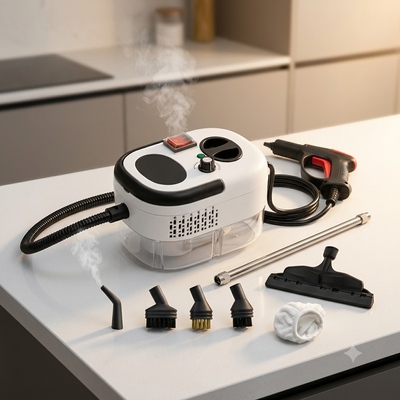 Máquina limpiadora a vapor completa con cuerpo, manguera y boquillas en una cocina