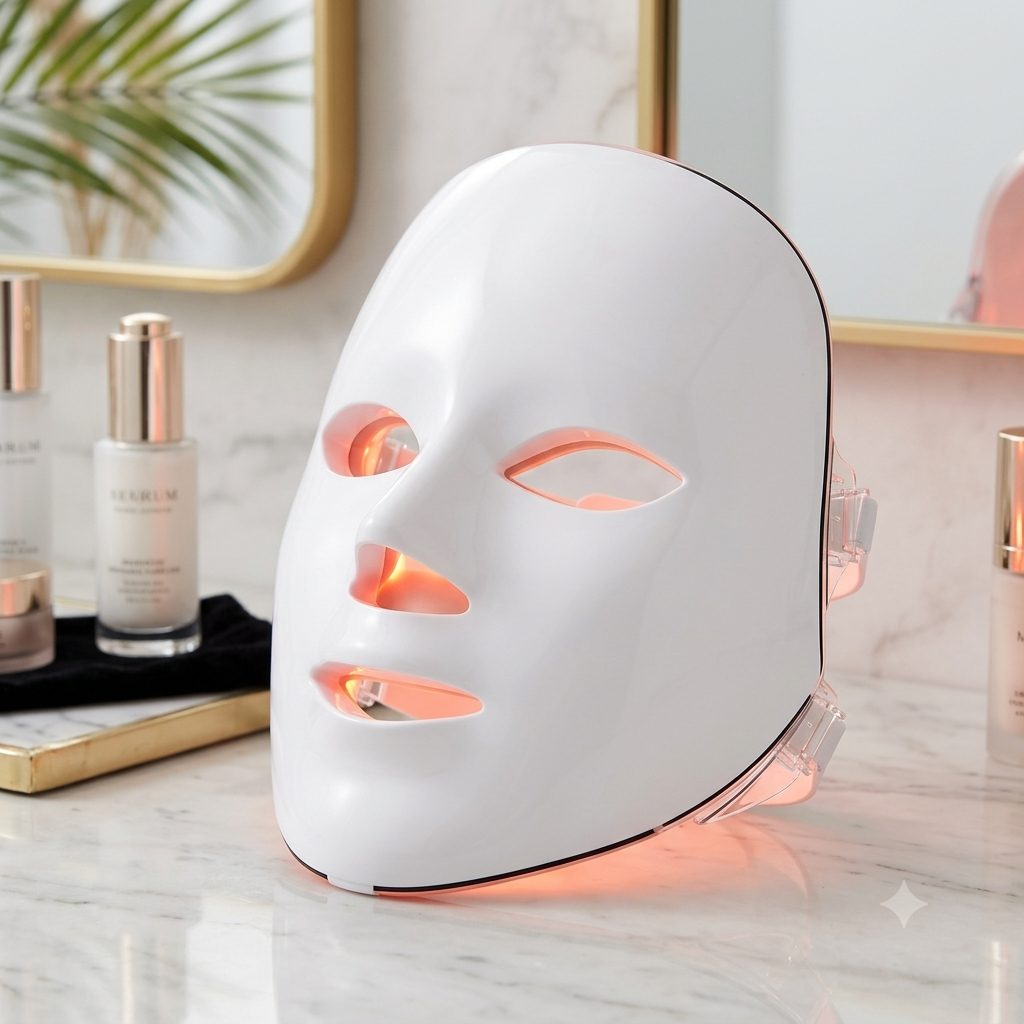 Máscara facial de terapia LED sobre tocador de mármol con luz encendida