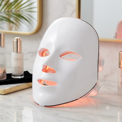 Máscara facial de terapia LED sobre tocador de mármol con luz encendida