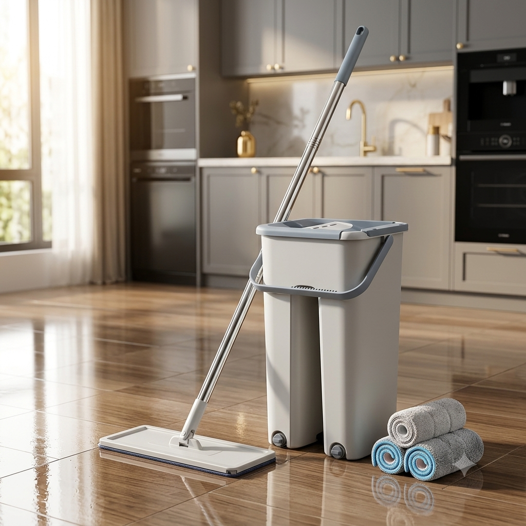 Mopa giratoria con tacho escurridor en una cocina moderna