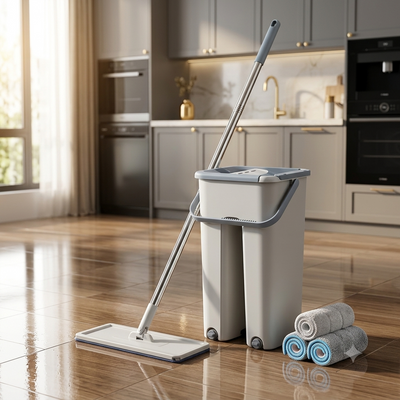 Mopa giratoria con tacho escurridor en una cocina moderna