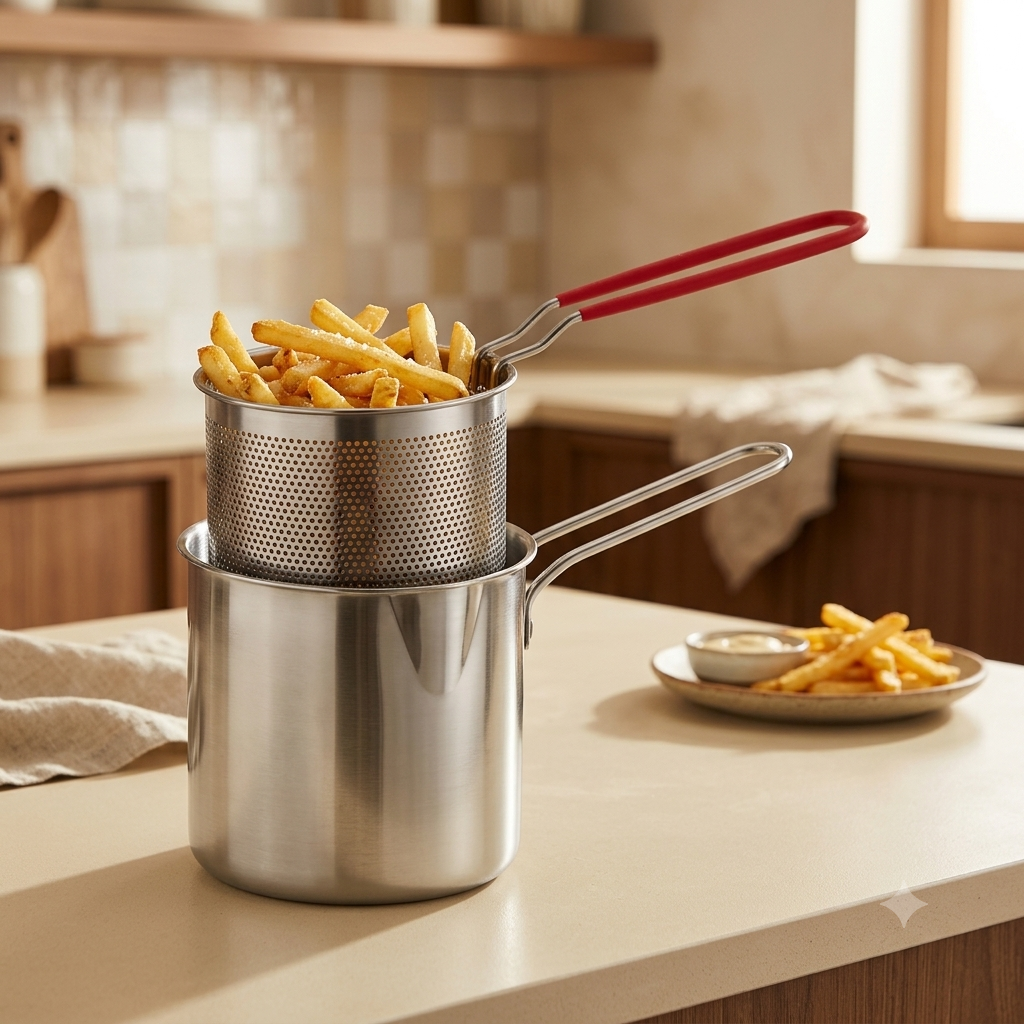 Olla freidora de acero inoxidable con canastillo y papas fritas