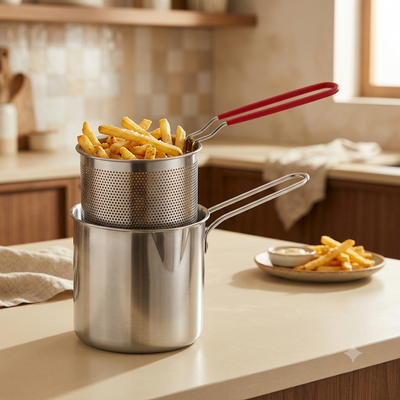 Olla freidora de acero inoxidable con canastillo y papas fritas