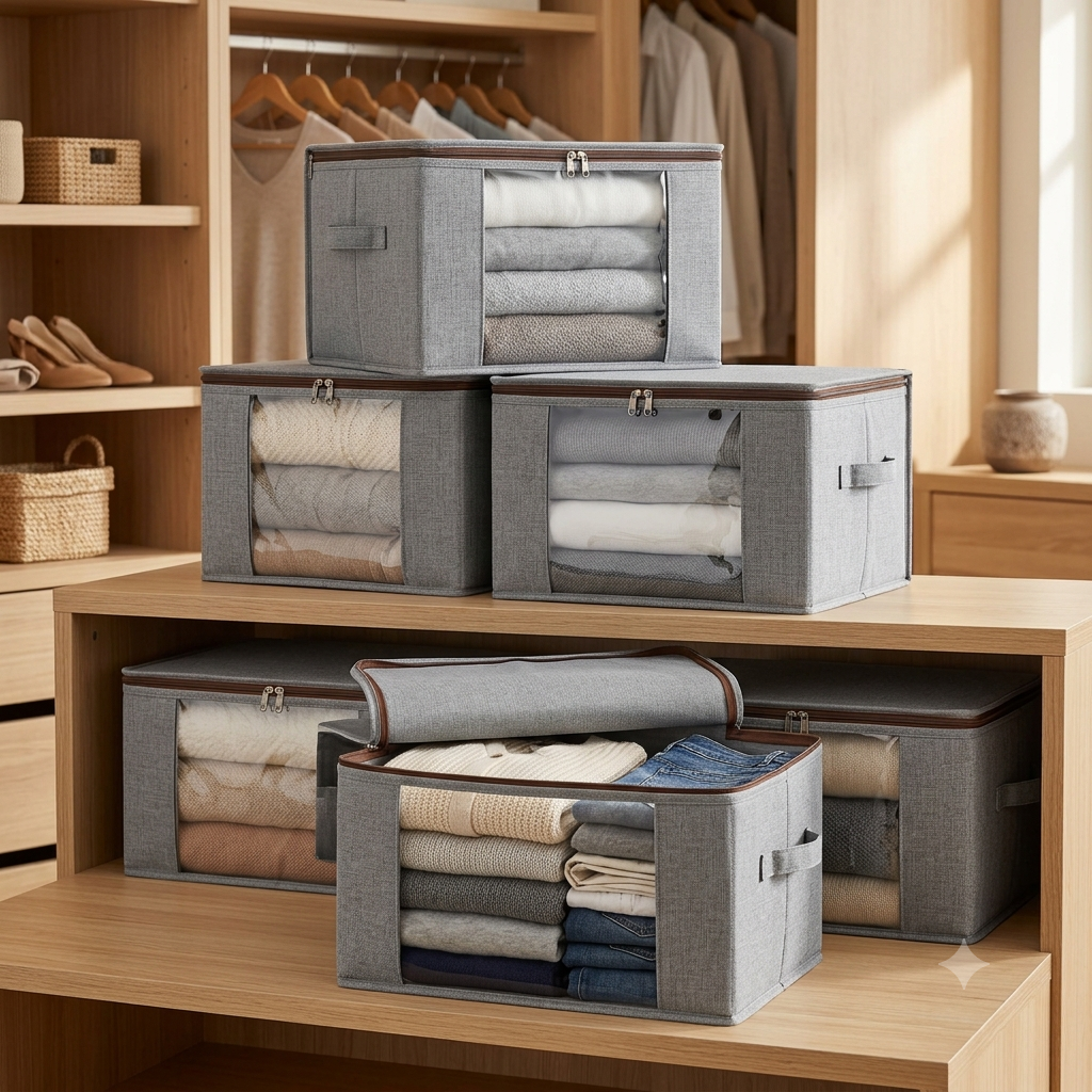 Caja organizadora de clóset gris con ventana transparente en clóset de madera