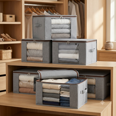 Caja organizadora de clóset gris con ventana transparente en clóset de madera