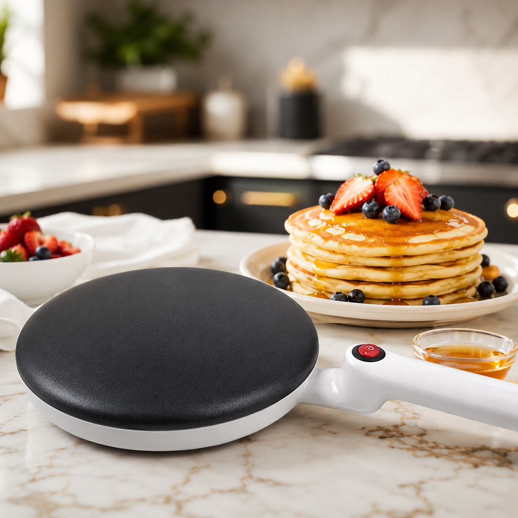 Panquequera antiadherente con panqueques dorados y frutas en una cocina moderna