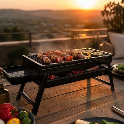Parrilla de carbón portátil encendida con brochetas en una terraza al atardecer