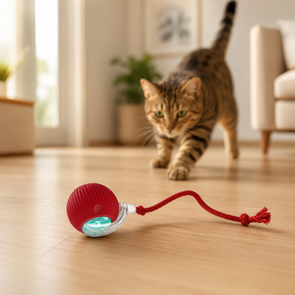 Pelota interactiva para mascotas con un gato jugando en un living