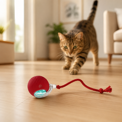Pelota interactiva para mascotas con un gato jugando en un living