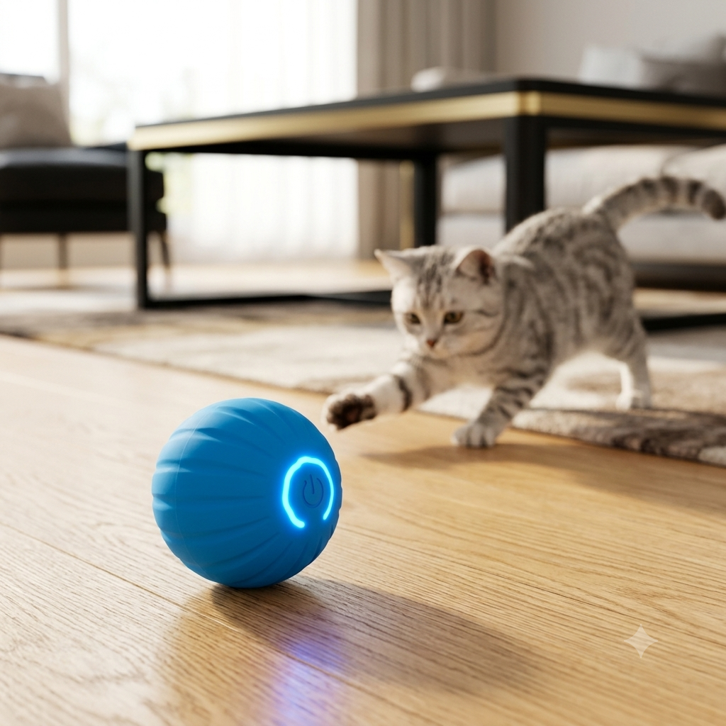 Gato jugando con pelota interactiva LED azul en un living moderno