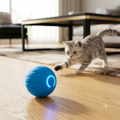 Gato jugando con pelota interactiva LED azul en un living moderno