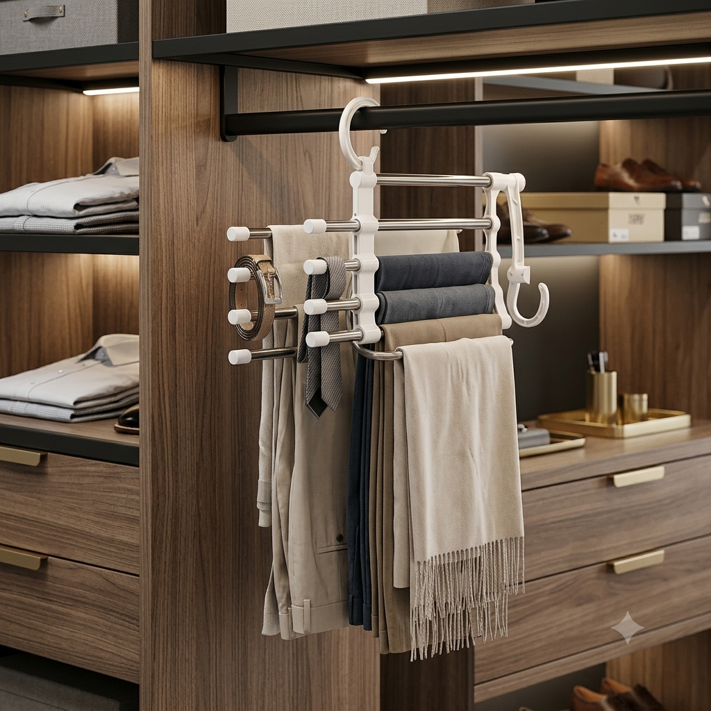 Percha organizadora multiusos con ropa colgada en un vestidor moderno