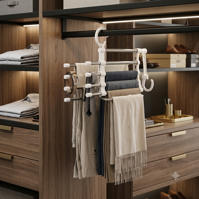 Percha organizadora multiusos con ropa colgada en un vestidor moderno