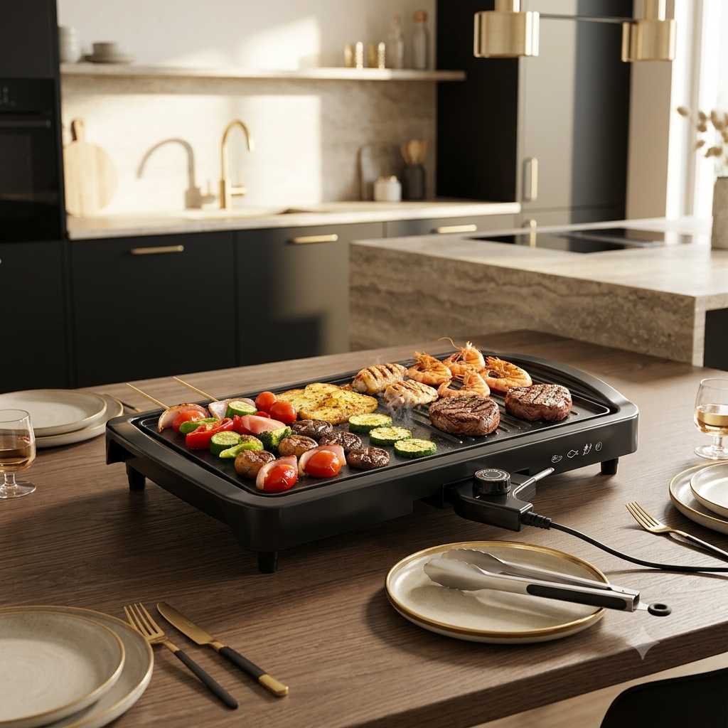 Parrilla eléctrica antiadherente con comida asándose en una mesa de comedor