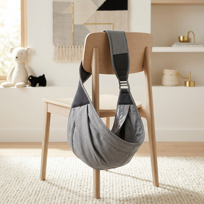Porta bebés ergonómico gris en una habitación de bebé