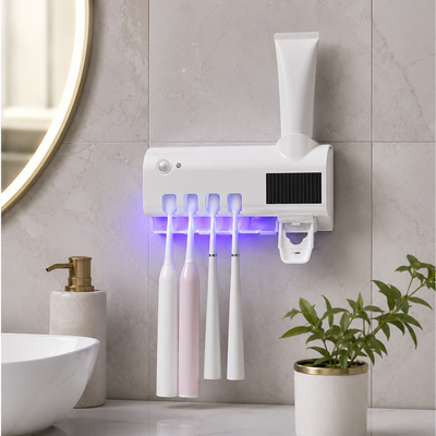 Portacepillos de pared con dispensador de pasta dental y luz UV en un baño moderno