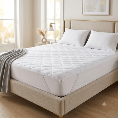 Protector de colchón impermeable blanco sobre una cama en un dormitorio moderno