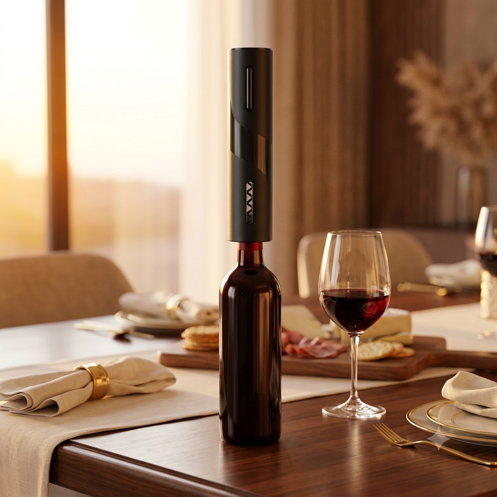 Sacacorchos eléctrico sobre botella de vino en mesa elegante