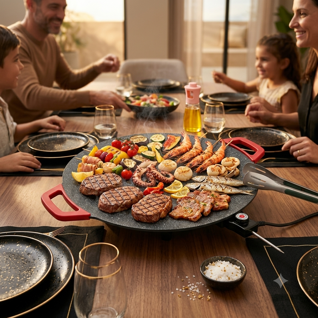 Sartén parrilla eléctrica con comida asándose en una mesa de comedor familiar