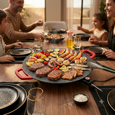 Sartén parrilla eléctrica con comida asándose en una mesa de comedor familiar