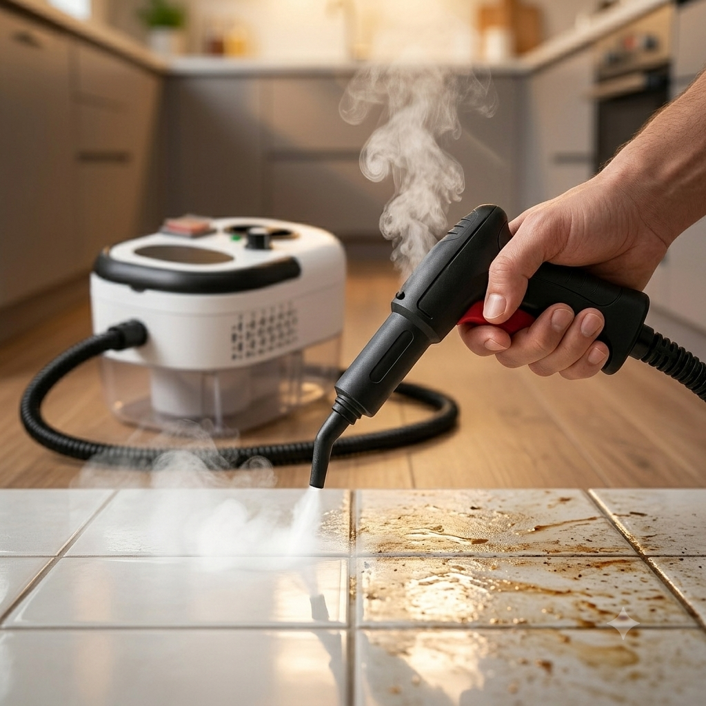 Pistola de vapor en acción limpiando azulejos de cocina